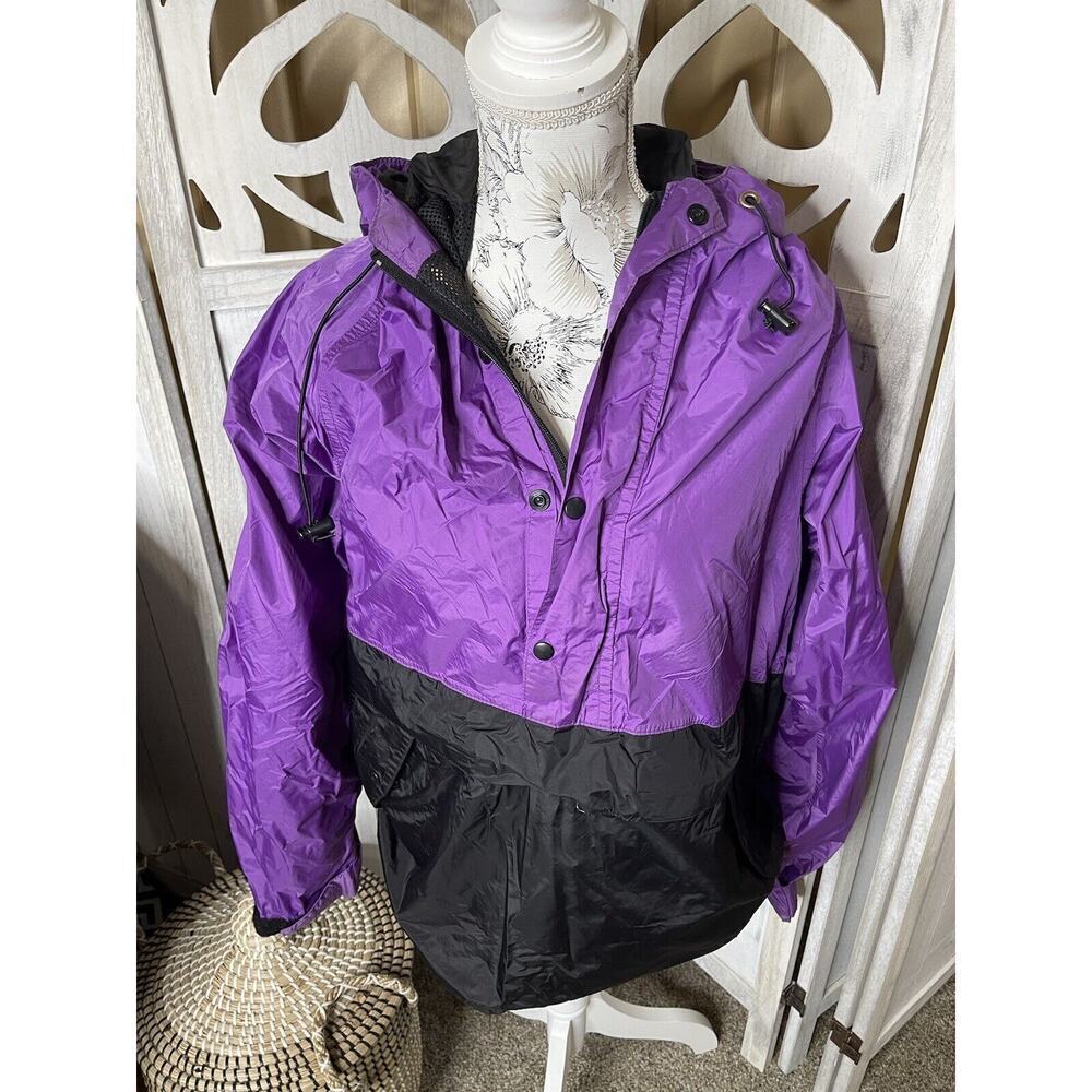 REI Vintage Womens Rain Jacket Windbreaker Purple and Black Partial Button Large